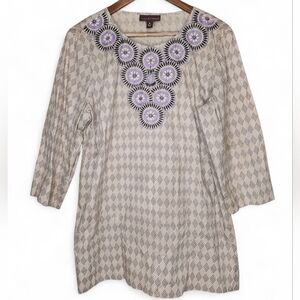 Dana Buchman Embroidered Bib 3/4 Sleeve Tunic Top In Gray Print Size XL